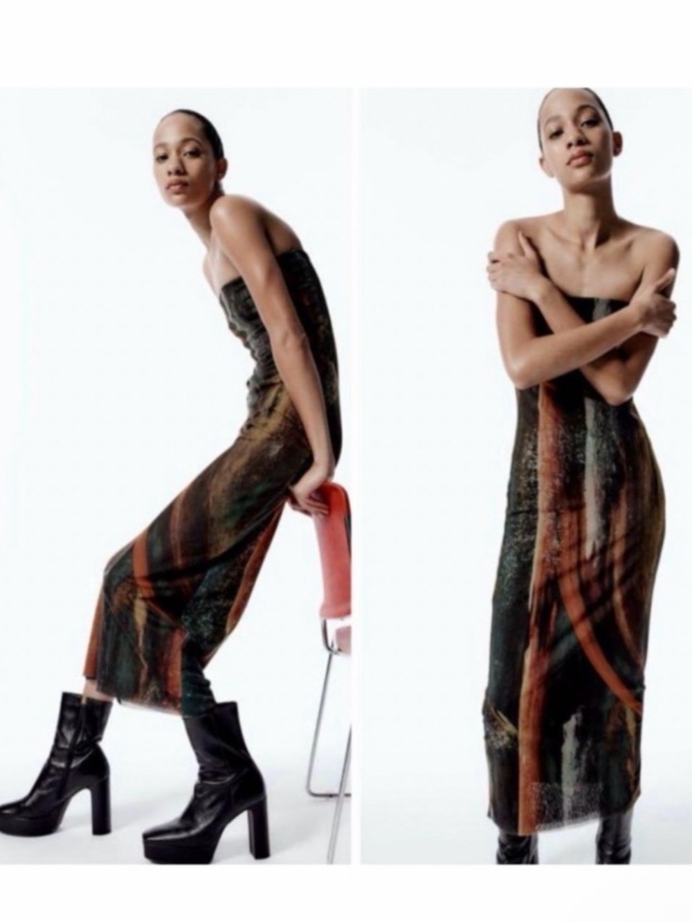 ZARA • Tulle Strapless Abstract-Print Midi Dress - Picture 2 of 12